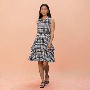 Parker Abstract Plaid Tiered Ruffle Mini Dress Navy White Coral Size Medium